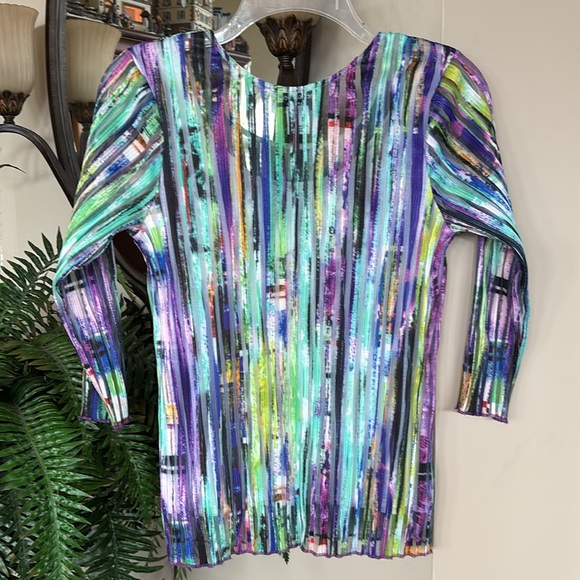 Vintage Peck & Peck Petite Colorful Crinkle Pleated Top 3/4 Sleeve Blouse Office - Picture 6 of 11